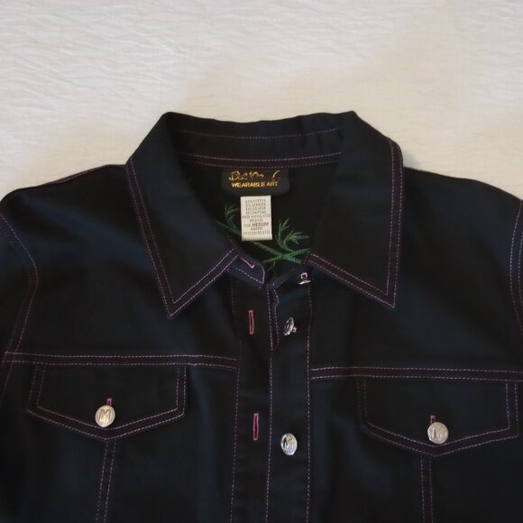 Casual Western Style 3pc Pant Set sz M Black w Pink Floral Embroidery - Picture 5 of 16